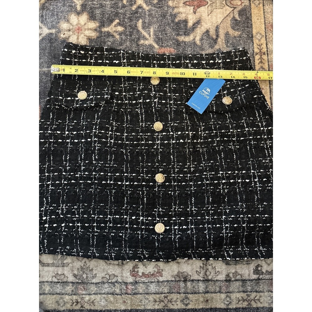 CUPSHE Women's Black White Tweed Skirt Gold Buttons Plaid Size Medium - Picture 4 of 8